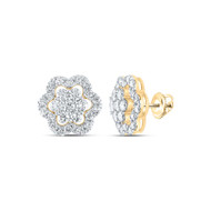 14K Yellow Gold Genuine Diamond Women's Cluster Flower Halo Stud Earrings 2 CT