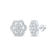 14K White Gold Genuine Diamond Women's Cluster Flower Halo Stud Earrings 2 CT