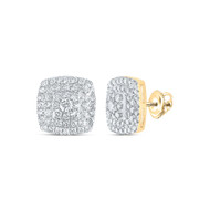 10K Yellow Gold Real Diamond Unisex 11mm Tier Halo Square Stud Earrings 1.50 CT