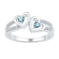 Sterling Silver Diamond & Created Aquamarine Women's Double Heart Ring 1/5 TCW