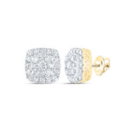 10K Yellow Gold Real Diamond Unisex 8mm Cluster Halo Square Stud Earrings 1 Ct