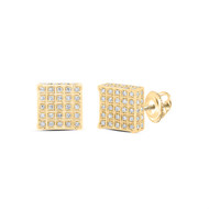 10K Yellow Gold Round Diamond 3D Square Block Earrings 8mm Statement Stud 1/3 CT