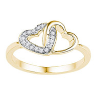 10K Yellow Gold Real Round Diamond Women's Double Locked Heart Band Ring 1/12 CT