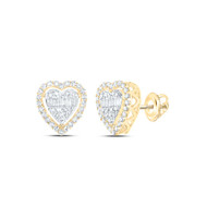 10K Yellow Gold Genuine Baguette Diamond Women's Heart Halo Stud Earrings 1/2 CT
