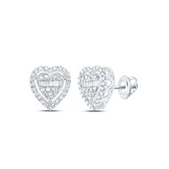 10K White Gold Genuine Baguette Diamond Women's Heart Halo Stud Earrings 1/2 CT