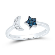 .925 Sterling Silver Genuine Blue Diamond Women's Moon & Star Cuff Ring 1/10 CT