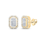 10K Yellow Gold Real Baguette Diamond Unisex Rectangle Halo Stud Earrings 1/2 CT