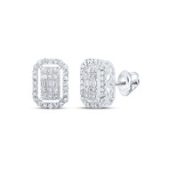 10K White Gold Real Baguette Diamond Unisex Rectangle Halo Stud Earrings 1/2 CT