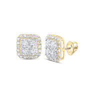 10K Yellow Gold Real Diamond Unisex 9mm Quad Set Square Halo Stud Earrings 1 CT