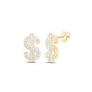10K Yellow Gold Round Diamond Money US Dollar Sign Earring 11m Pave Stud 1/3 CT.