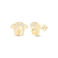 10K Yellow Gold Round Diamond Medusa Face Earrings 10mm Statement Stud 1/10 CT.