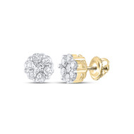 14K Yellow Gold Diamond Real Unisex Floral 7.5mm Flower Set Stud Earrings 1 CT