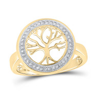 10K Yellow Gold Round Diamond Women's Circle Medallion Tree of Life Ring 1/10 CT