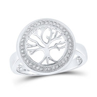 10K White Gold Round Diamond Women's Circle Medallion Tree of Life Ring 1/10 CT