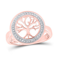 10K Rose Gold Round Diamond Women's Circle Medallion Tree of Life Ring 1/10 CT