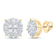 14K Yellow Gold Genuine Princess Diamond Unisex Cluster Round Stud Earrings 1 CT