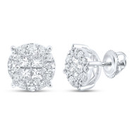 14K White Gold Genuine Princess Diamond Unisex Cluster Round Stud Earrings 1 CT