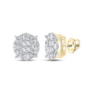 14K Yellow Gold Genuine Princess Diamond Unisex Cluster Round Stud Earrings 2 CT