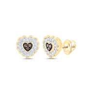 10K Yellow Gold Brown Diamond Women's Cluster Wavy Heart Stud Earrings 1/6 CT