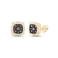 10K Yellow Gold Brown Diamond Unisex Cluster Square Halo Stud Earrings 5/8 CT