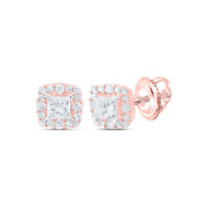 14K Rose Gold Princess Cut Diamond Solitaire Square Halo Stud Earrings 1/2 CT