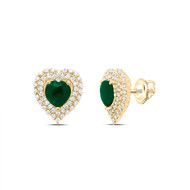 14K Yellow Gold Emerald Gemstone & Diamond Love Heart Earrings 12mm Stud 5/8 CT.
