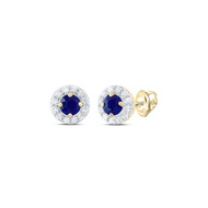 14K Yellow Gold Genuine Round Diamond & Blue Sapphire Halo Stud Earrings 1/8 CT.