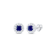 14K White Gold Genuine Round Diamond & Blue Sapphire Halo Stud Earrings 1/8 CT.