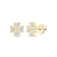 Yellow Sterling Silver Genuine White Diamond 4 Leaf Clover Stud Earrings 1/20 CT.