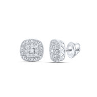 Sterling Silver White Round Diamond Unisex Milgrain Edge Rounded Square / Cushion Halo Stud Earrings 1/6 CT.