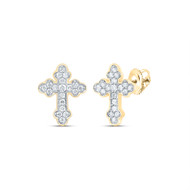 10K Yellow Gold Round Diamond Religious Cross Earring 12mm Statement Stud 1/5 CT