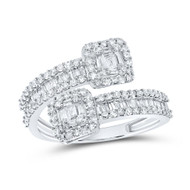 10K White Gold Real Baguette Diamond Women's Bypass Square Cuff Band Ring 1 CT