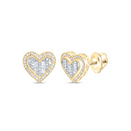 10K Yellow Gold Round & Baguette Diamond Tiered Heart Earrings 13mm Stud 1/4 CT.