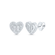 10K White Gold Round & Baguette Diamond Tiered Heart Earrings 13mm Stud 1/4 CT.