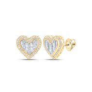 10K Yellow Gold Round & Baguette Diamond Tiered Heart Earrings 14mm Stud 1/2 CT.