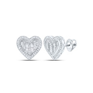 10K White Gold Round & Baguette Diamond Tiered Heart Earrings 14mm Stud 1/2 CT.
