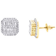 10K Yellow Gold Baguette Diamond 10mm Octagon w/ Greek Key Stud Earrings 1/2 CT
