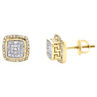 10K Yellow Gold Diamond 8mm Tiered Halo Square w/ Greek Key Stud Earrings 1/4 CT