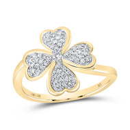 10K Yellow Gold Real Round Diamond Women's 4 Leaf Clover Heart Wavy Ring 1/4 CT