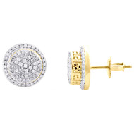 10K Yellow Gold Diamond 10mm Tier Halo Circle w/ Greek Key Stud Earrings 1/3 CT
