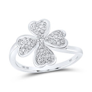 10K White Gold Real Round Diamond Women's 4 Leaf Clover Heart Wavy Ring 1/4 CT
