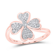 10K Rose Gold Real Round Diamond Women's 4 Leaf Clover Heart Wavy Ring 1/4 CT