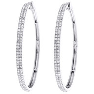 14K White Gold Diamond Women's Classic 2 Row 3mm Hinged Hoop Earrings 2 CT