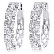 14K White Gold Round Diamond Women's Domed Bar 4mm Hinged Hoop Earrings 1/2 CT