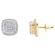 10K Yellow Gold Diamond 10mm Round Square Halo w/ Greek Key Stud Earrings 1/3 CT