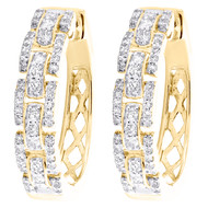 14K Yellow Gold Round Diamond Women's Domed Bar 4mm Hinged Hoop Earrings 1/2 CT