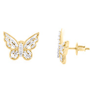14K Yellow Gold Baguette Diamond Women's Textured Butterfly Stud Earrings 1/3 CT