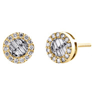 14K Yellow Gold Round & Baguette Diamond Circle Stud 7.5mm Fancy Earrings 1/3 CT
