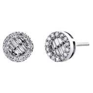 14K White Gold Round & Baguette Diamond Circle Stud 7.5mm Fancy Earrings 1/3 CT.