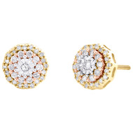 10K Yellow Gold Genuine Diamond Tri-Color 9mm Decagon Halo Stud Earrings 0.38 CT